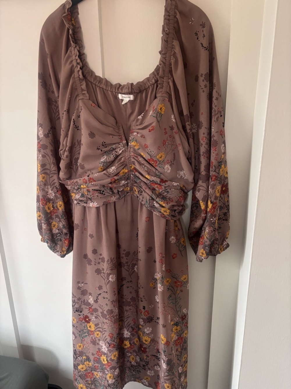 Romantic Maurices Taupe Floral Long Sleeve Midi Dress Size 0XL NWOT